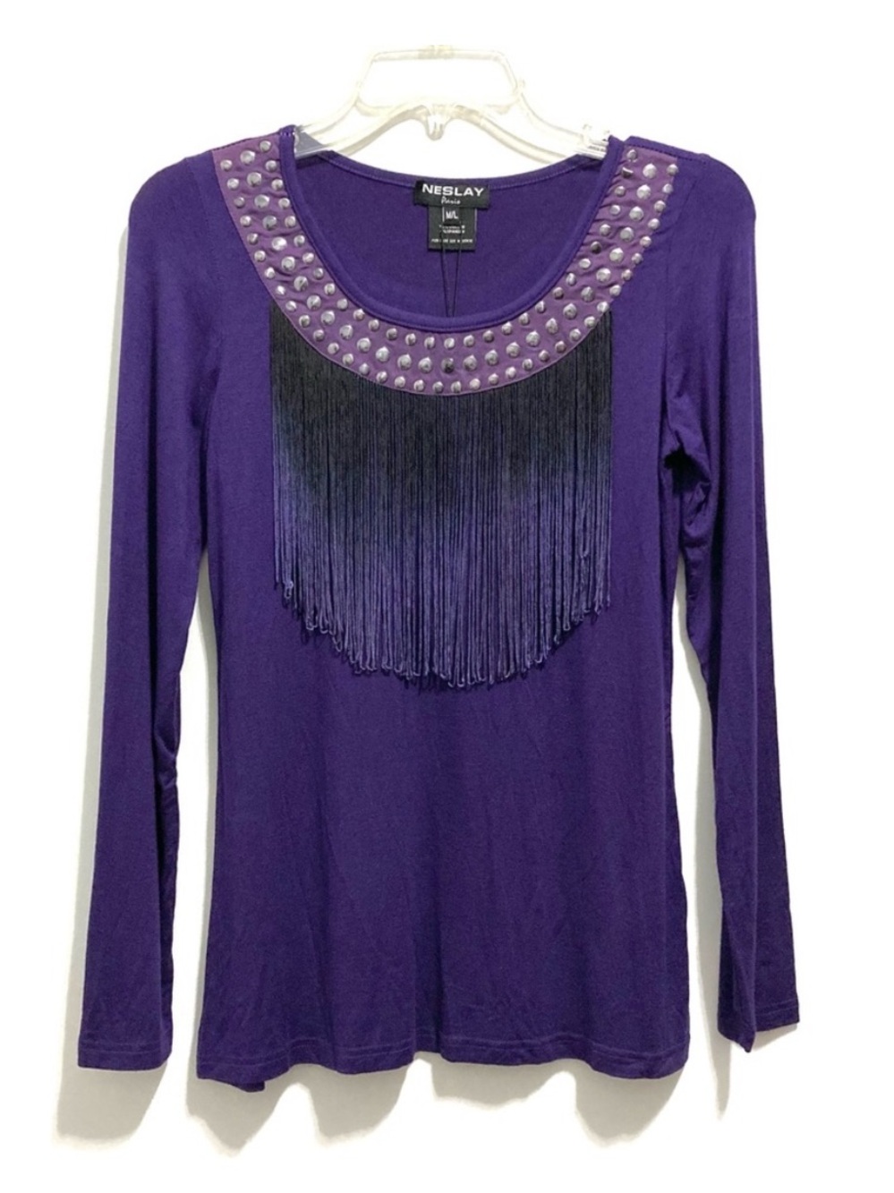 NEW Neslay Paris Women’s Long Sleeves Fringe Studded Purple Top